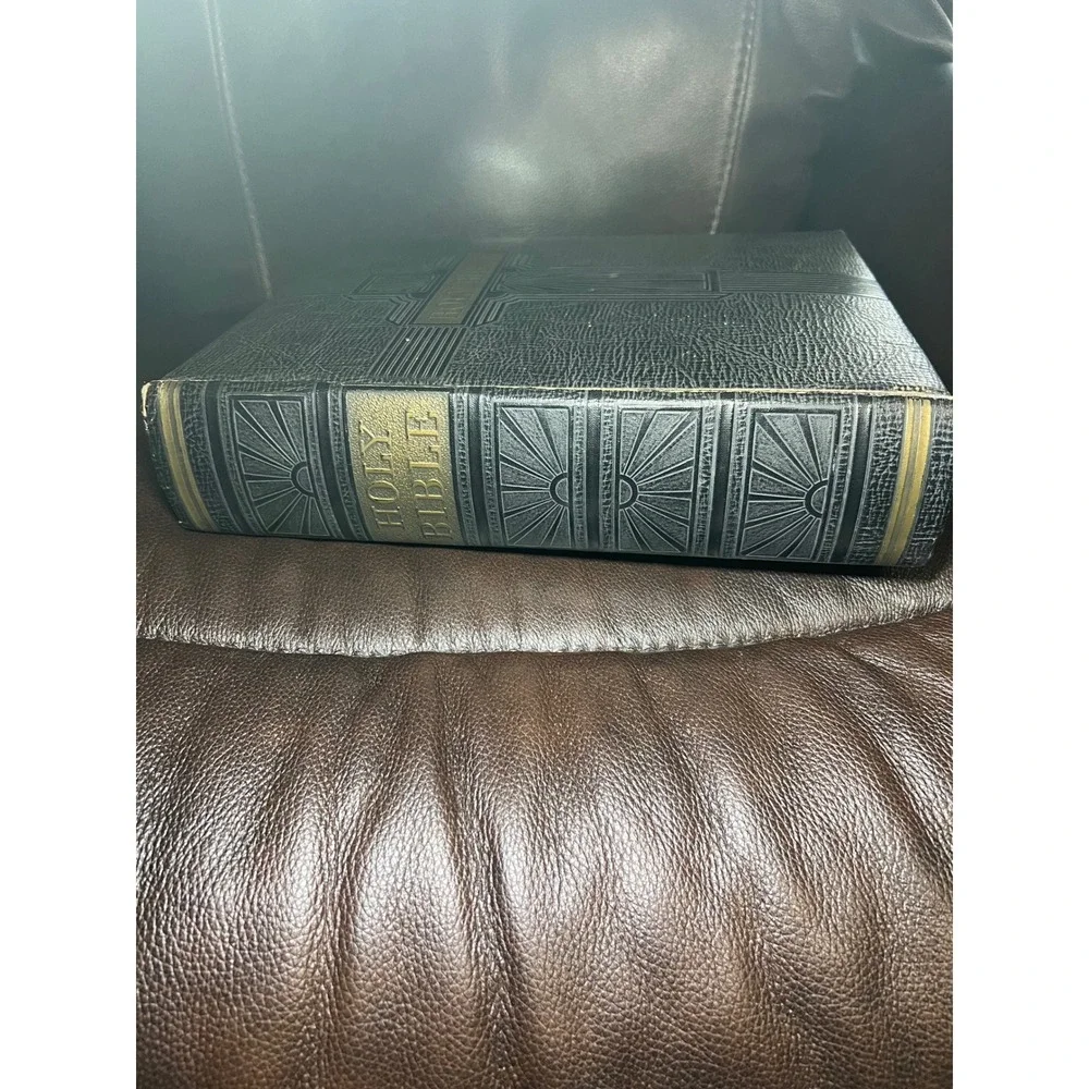 VTG Large Holy Bible Original Tongues Family Embossed Art Deco Cross Gold Trim